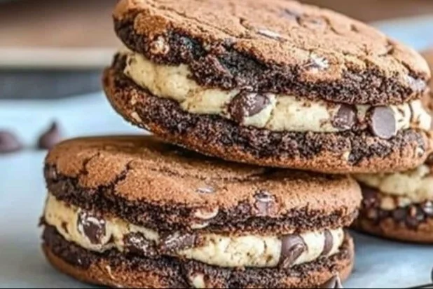 Brownie cookie dough sandwich cookies stacked on a plate