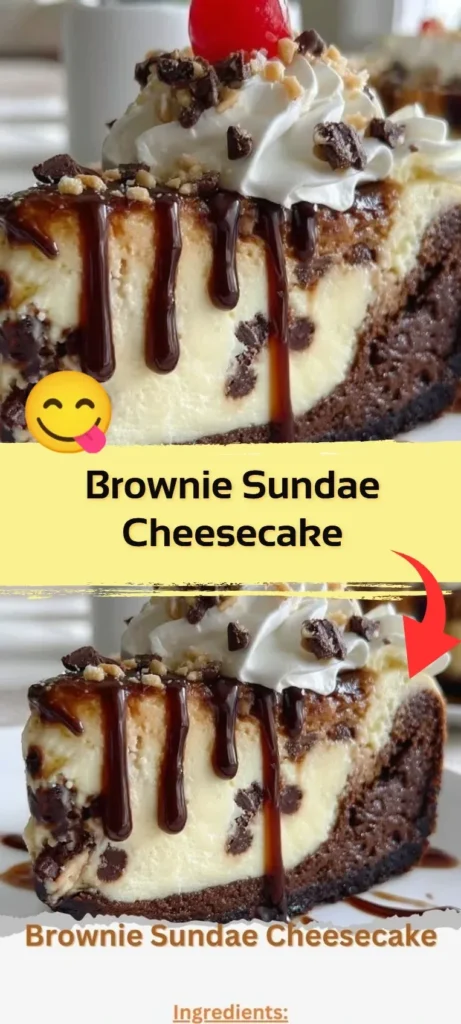 Delicious Brownie Sundae Cheesecake with chocolate, ice cream, and toppings