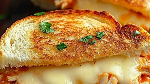 Delicious Buffalo Chicken Grilled Cheese Sandwich with melted cheese and spicy chicken