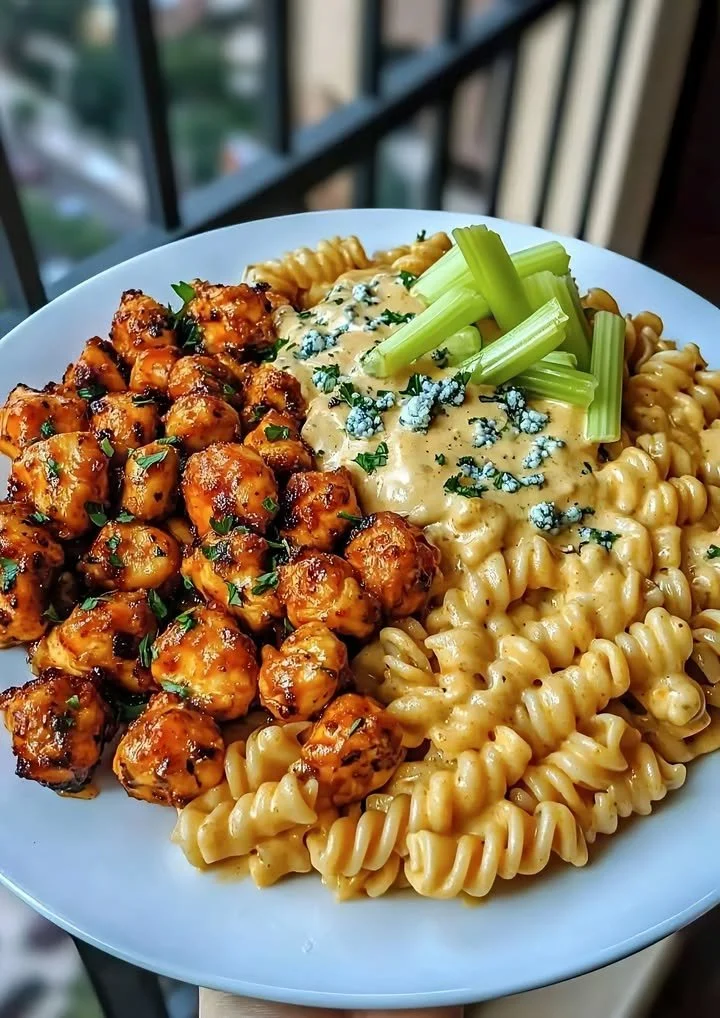 Buffalo Chicken Mac & Cheese with blue cheese and celery in a serving dish