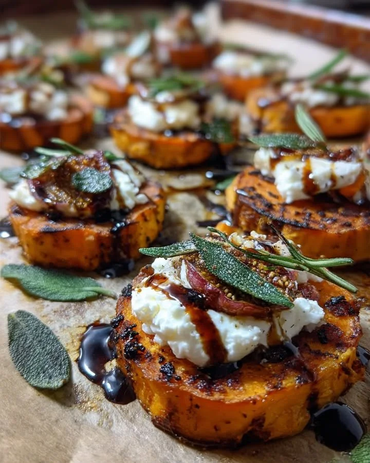 Burrata-topped sweet potato rounds with fig balsamic glaze and crispy sage