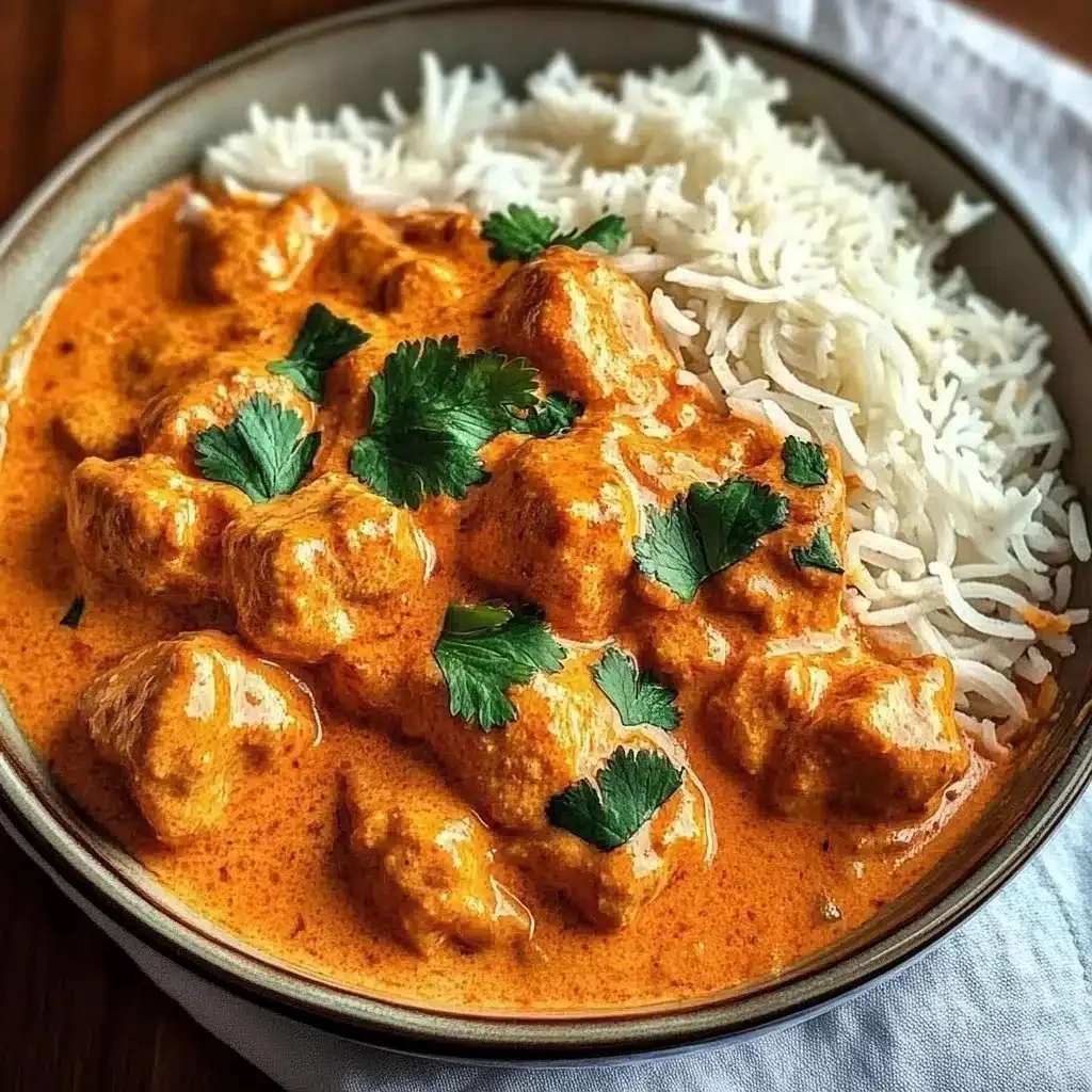 Delicious plate of butter chicken with rice and garnish