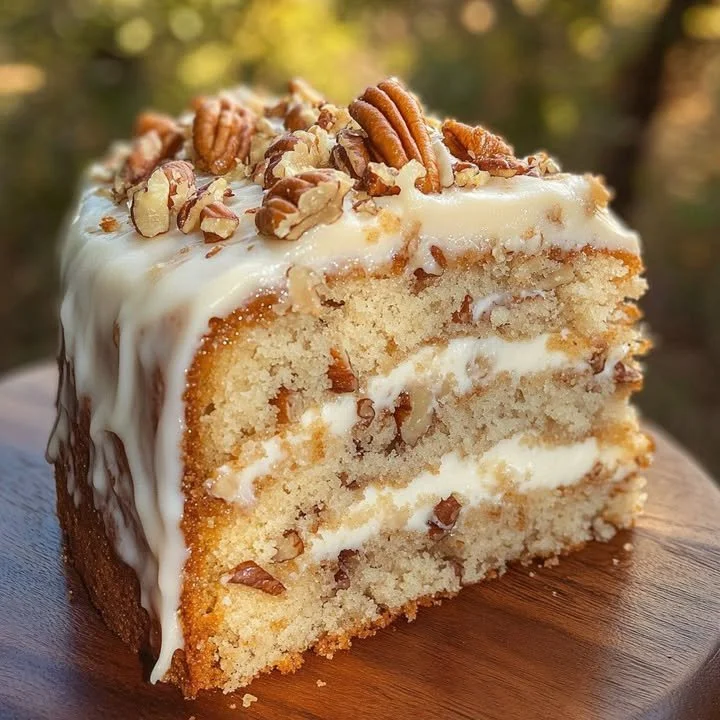 Delicious Butter Pecan Cake with Cream Cheese Icing on a decorative platter