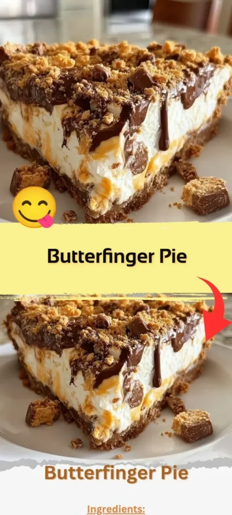 Delicious Butterfinger Pie topped with crushed Butterfinger candy bars