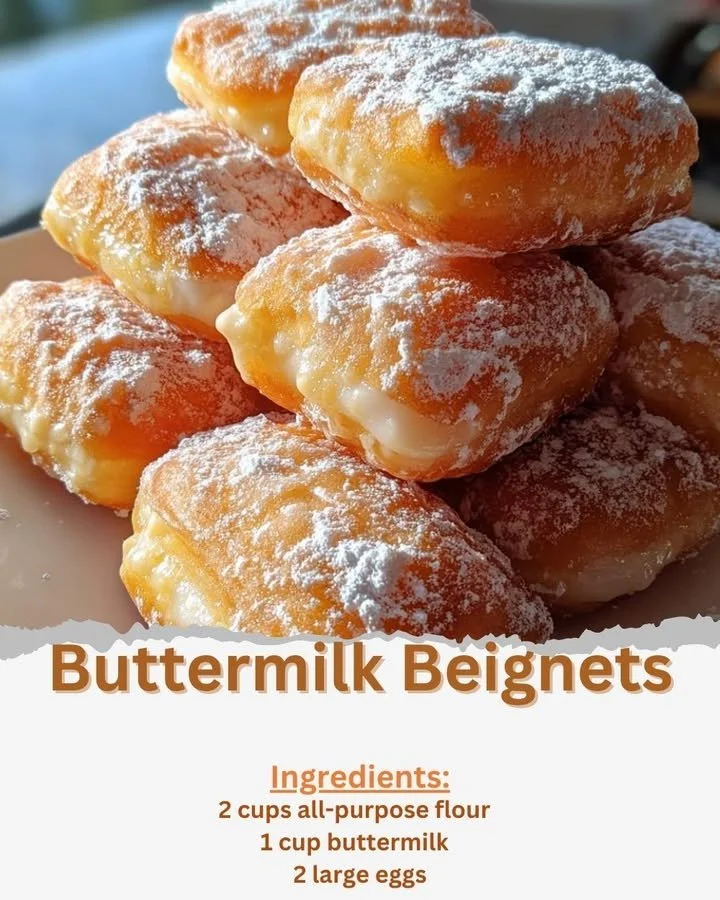 Delicious buttermilk beignets dusted with powdered sugar on a plate