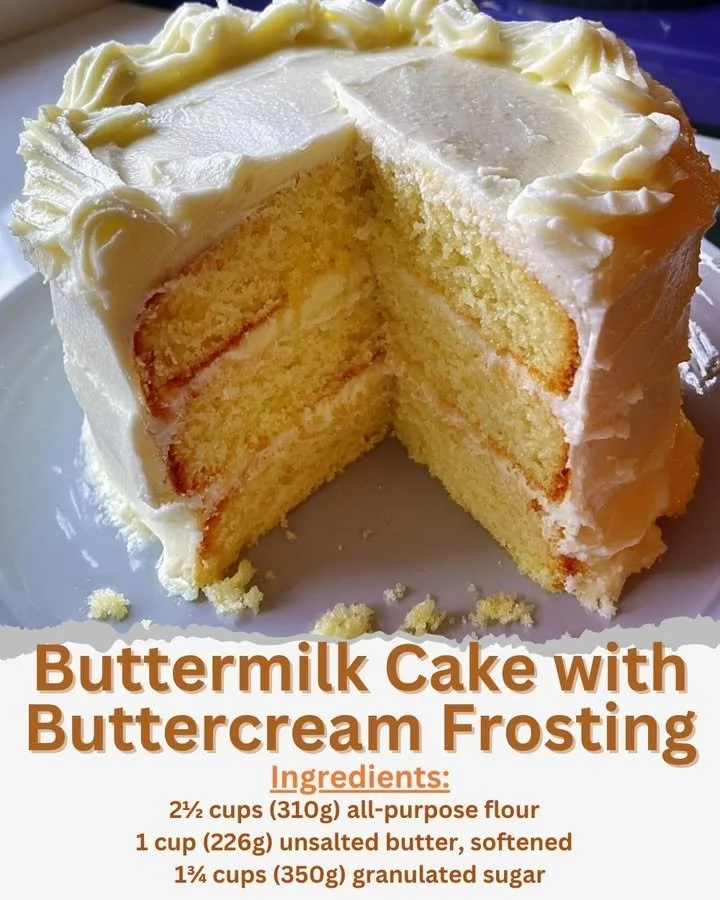 Delicious buttermilk cake with creamy buttercream frosting on a white plate