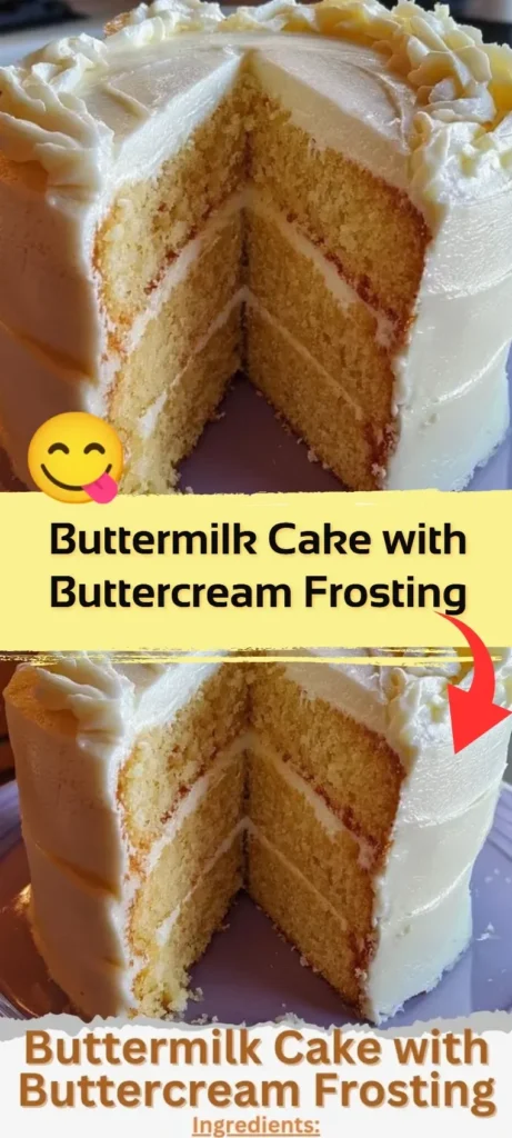 Slice of buttermilk cake with creamy buttercream frosting on top