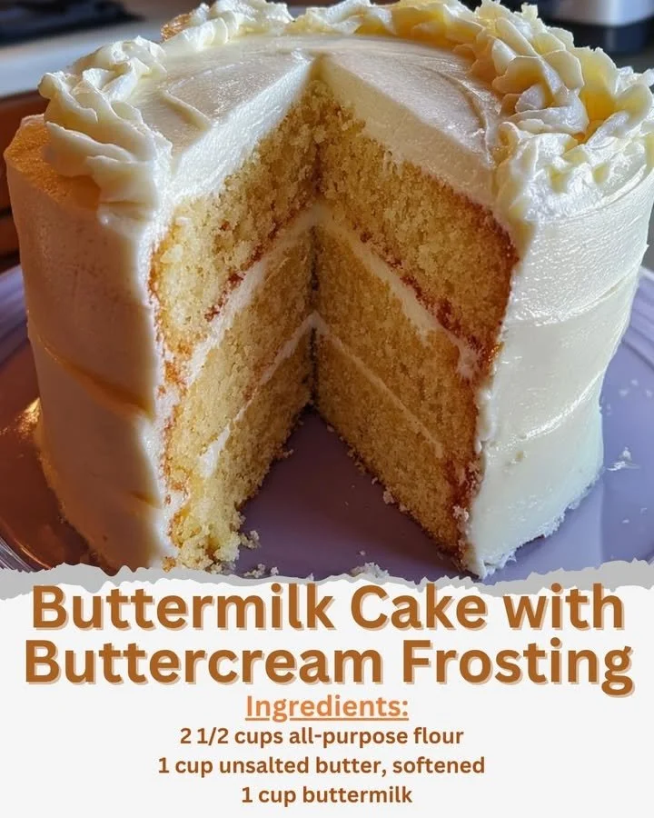 Delicious buttermilk cake with rich buttercream frosting on a plate