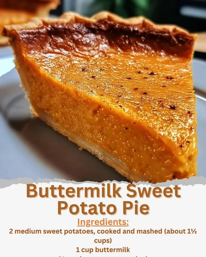 Deliciously creamy Buttermilk Sweet Potato Pie with a slice served on a plate.