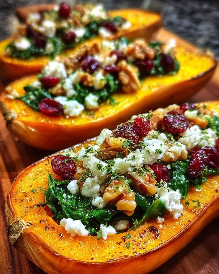 Butternut squash stuffed with feta cheese, spinach, and cranberries on a plate.