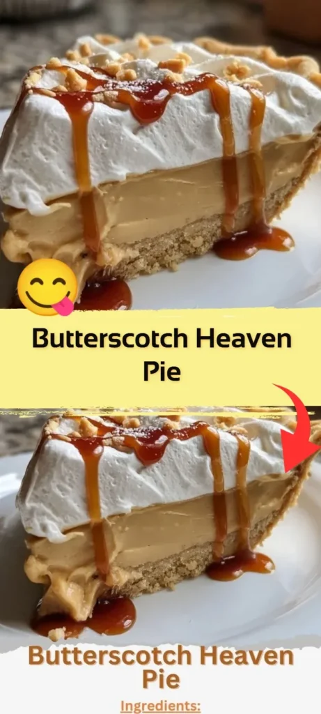 Delicious Butterscotch Heaven Pie topped with whipped cream and caramel drizzle