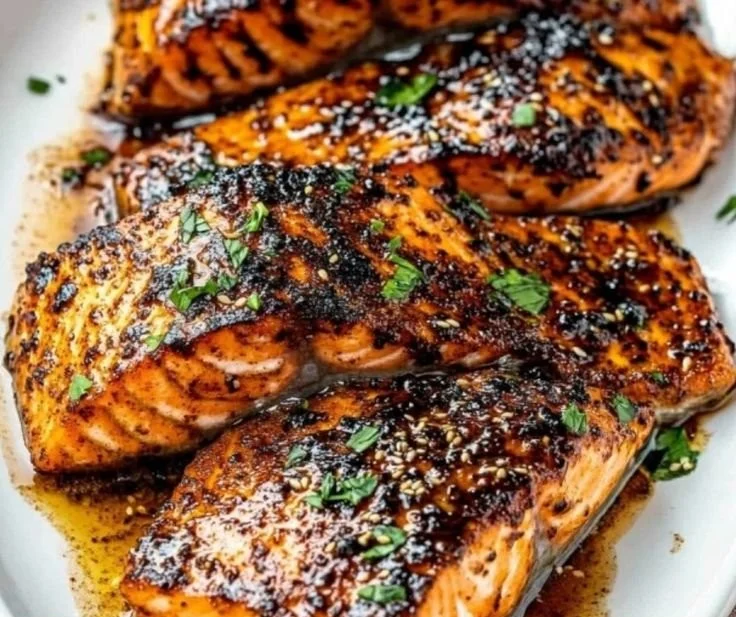 Delicious Cajun Honey Butter Salmon served on a plate with herbs and lemon slices
