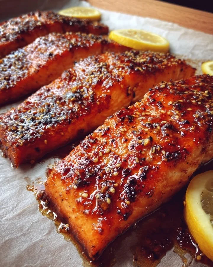 Delicious homemade candied salmon on a wooden platter