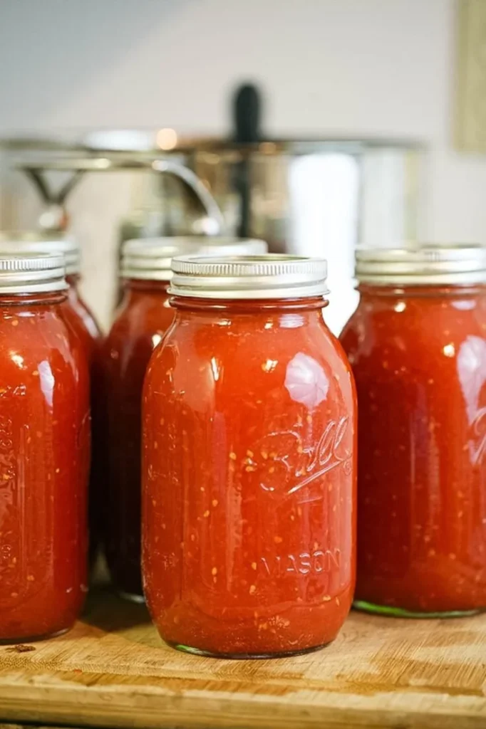 Jars of homemade canned tomato sauce ready for storage