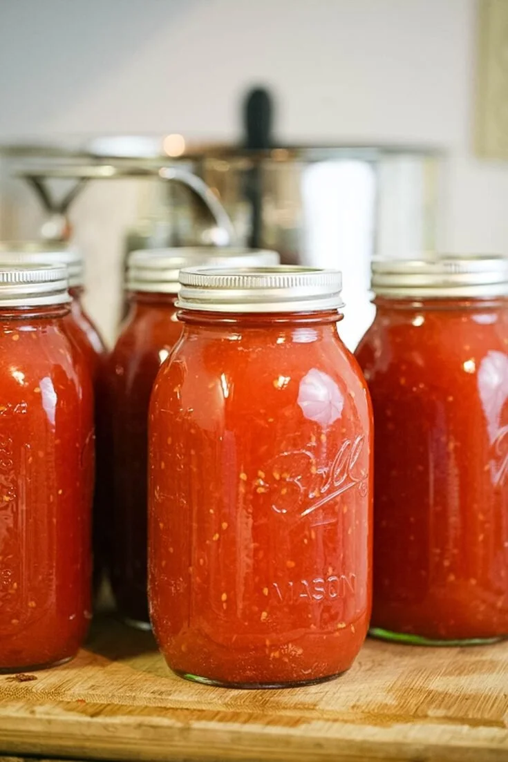 Jars of homemade canned tomato sauce ready for storage