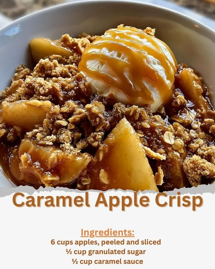 Homemade caramel apple crisp dessert with oats and caramel sauce
