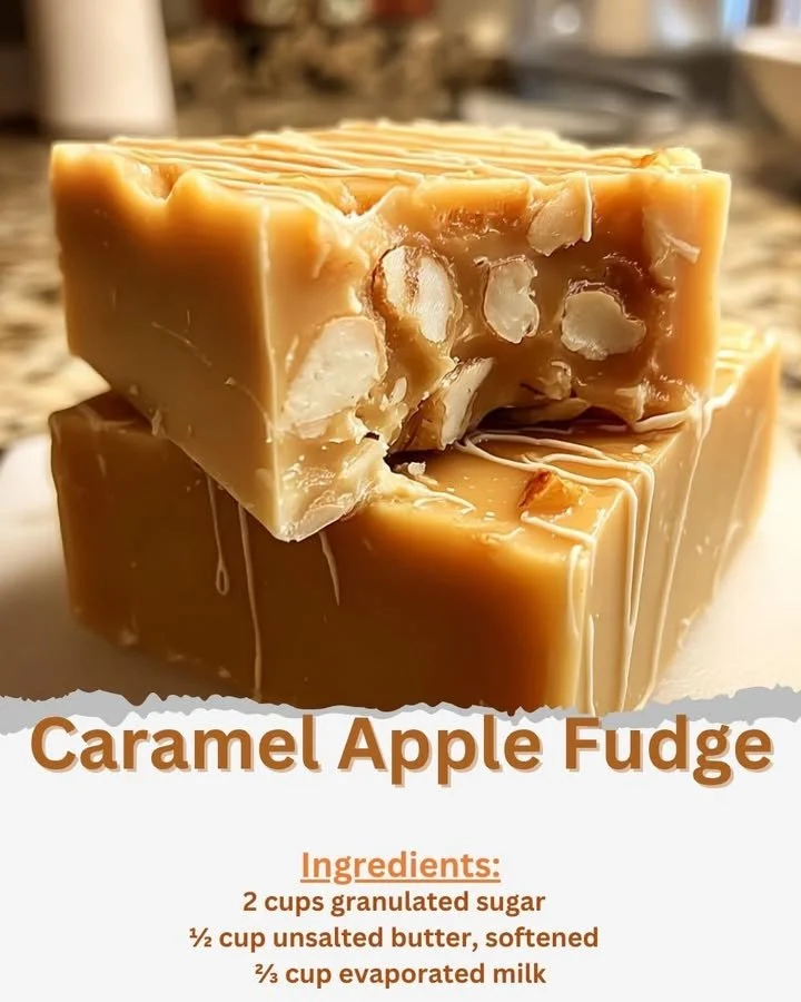 Delicious Caramel Apple Fudge squares with apple slices and caramel drizzle