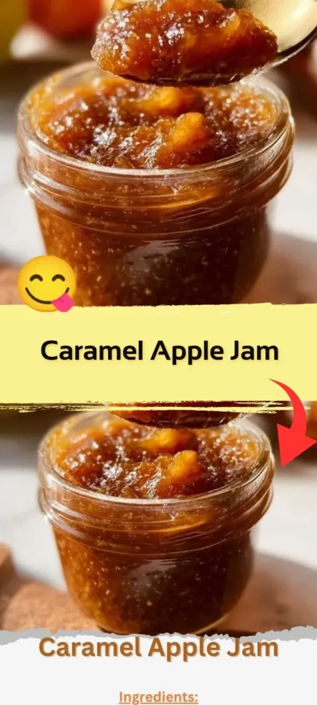Jar of homemade Caramel Apple Jam with fresh apples and caramel sauce