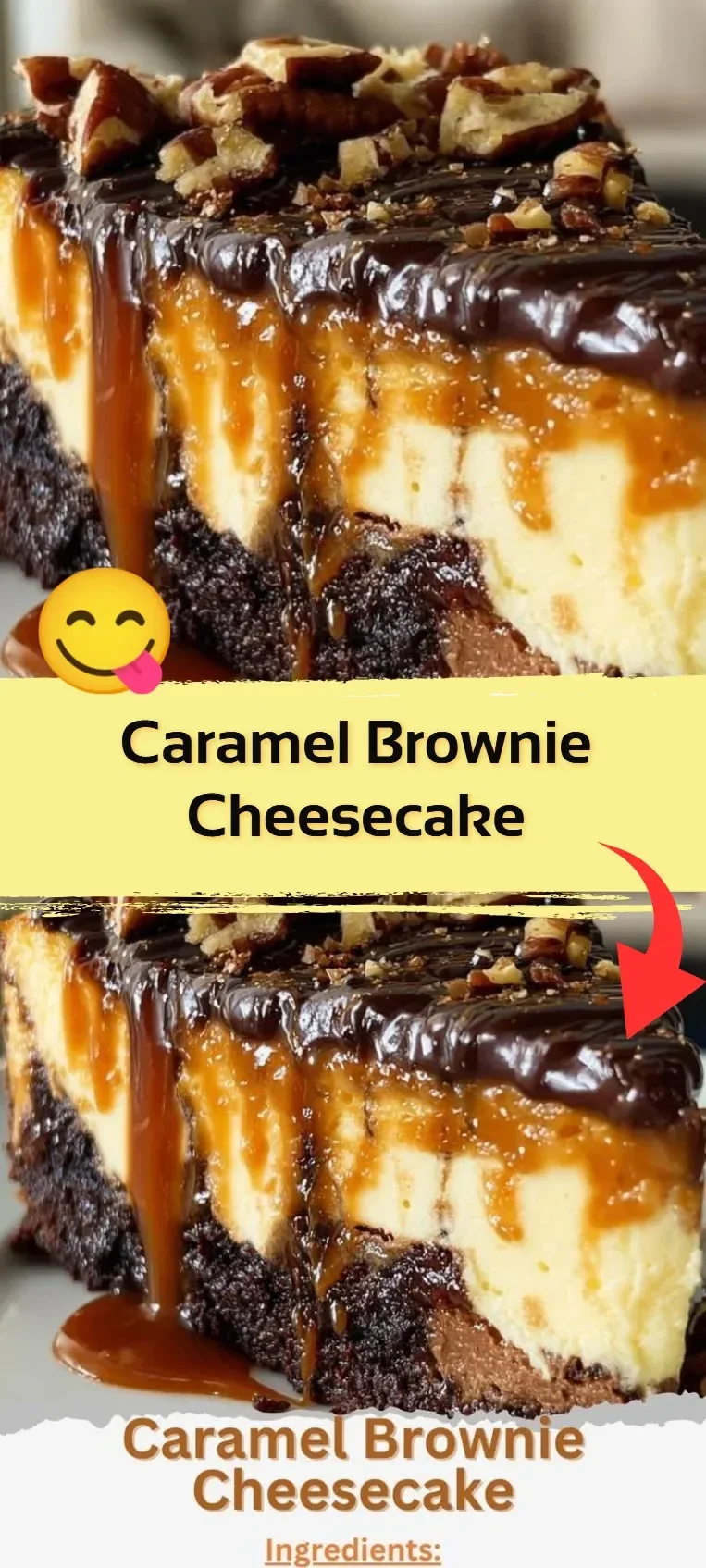 Slice of caramel brownie cheesecake topped with chocolate sauce and caramel