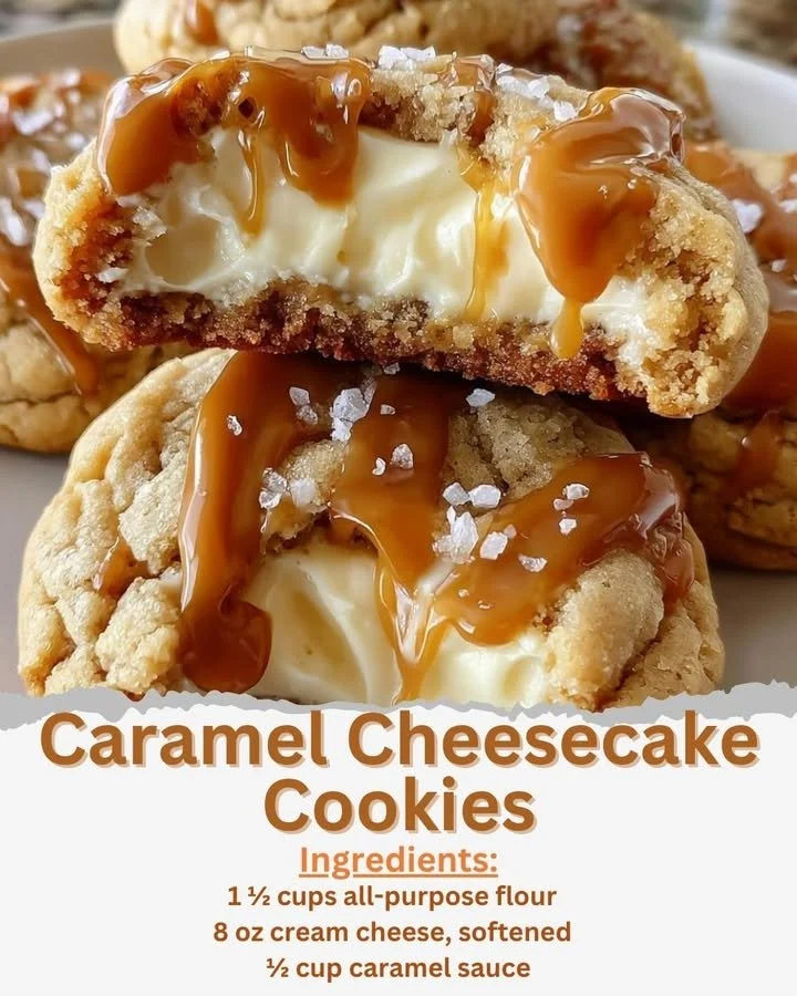 Caramel Cheesecake Cookies topped with drizzled caramel and a graham cracker crust.