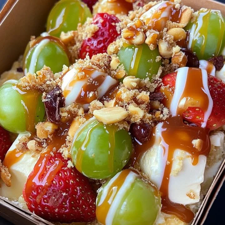 Caramel Crunch Cheesecake Fruit Salad with fresh fruit and caramel topping