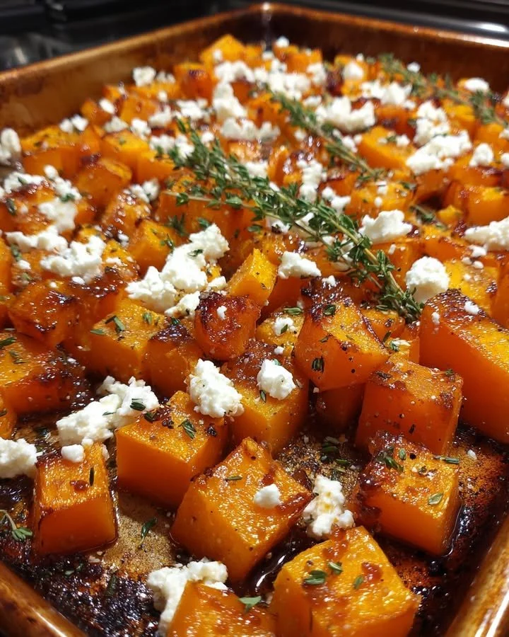 Caramelized butternut squash with creamy feta and fig drizzle served on a plate