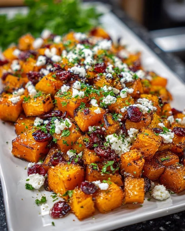 Caramelized butternut squash with feta and cranberry drizzle served in a bowl