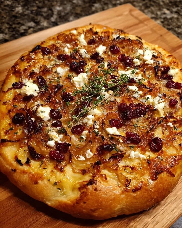 Caramelized onion, feta cheese, and cranberry pizza on a rustic wooden table