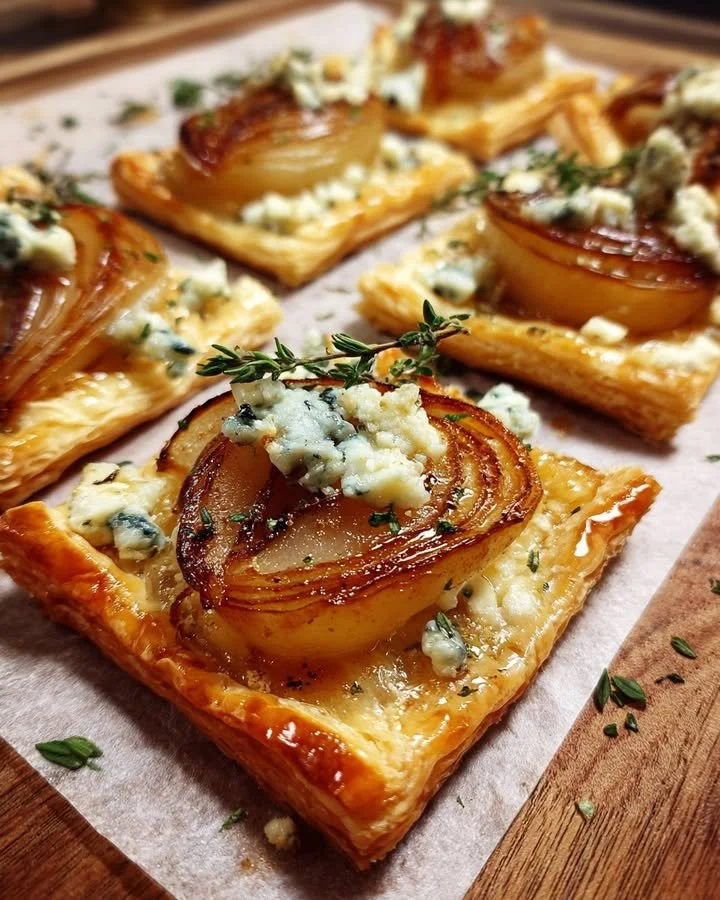 Caramelized Pear and Gorgonzola Tartlets served on a wooden table