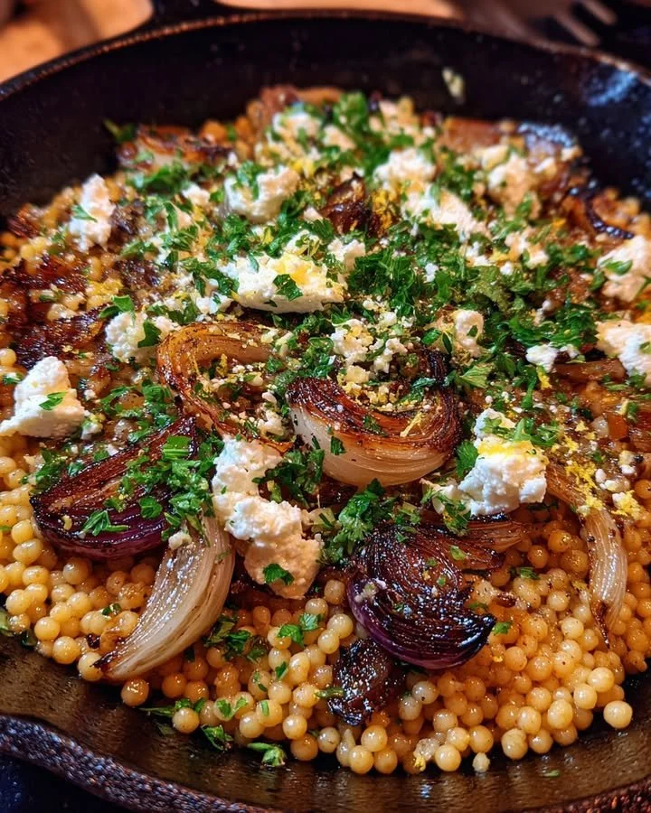 Caramelized shallot couscous served with herbed goat cheese garnish