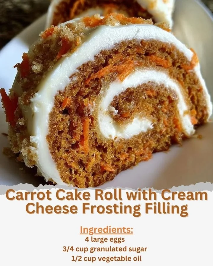 Carrot cake roll with cream cheese frosting filling on a plate