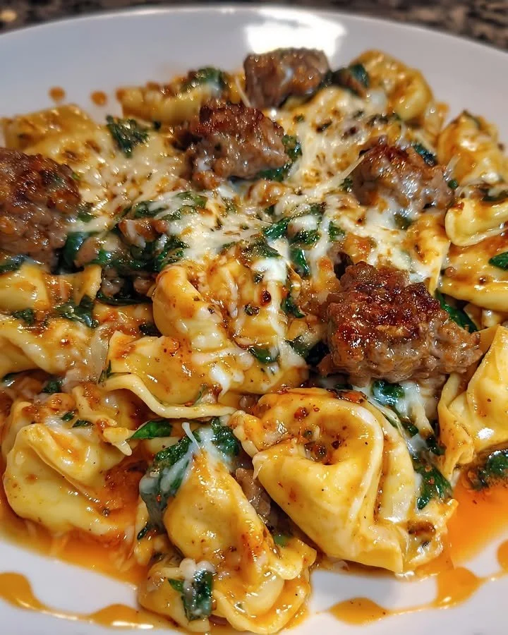 Cheese tortellini with sausage and spinach in creamy tomato sauce