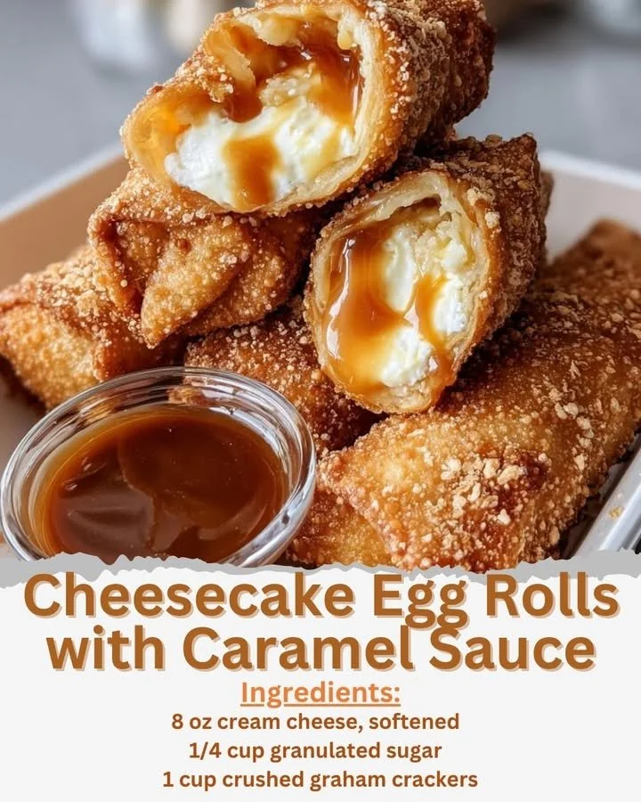 Delicious cheesecake egg rolls drizzled with rich caramel sauce