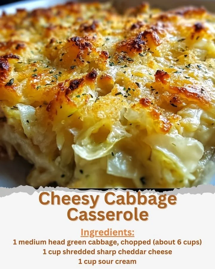 Delicious cheesy cabbage casserole served in a baking dish