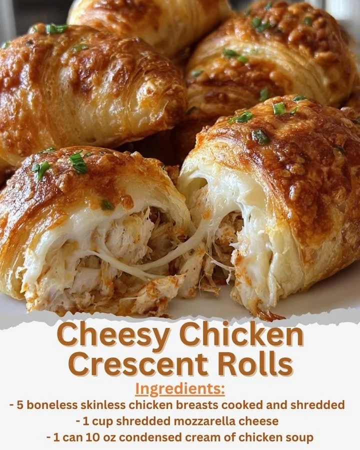 Cheesy chicken crescent rolls baked to perfection, drizzled with cheese