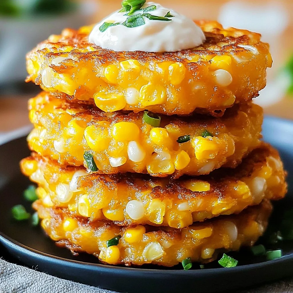 Golden cheesy corn fritters served on a plate