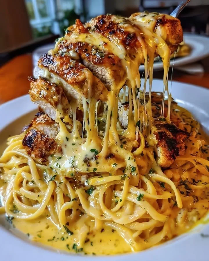 Cheesy Grilled Chicken Alfredo Pasta with creamy sauce and grilled chicken on plate.