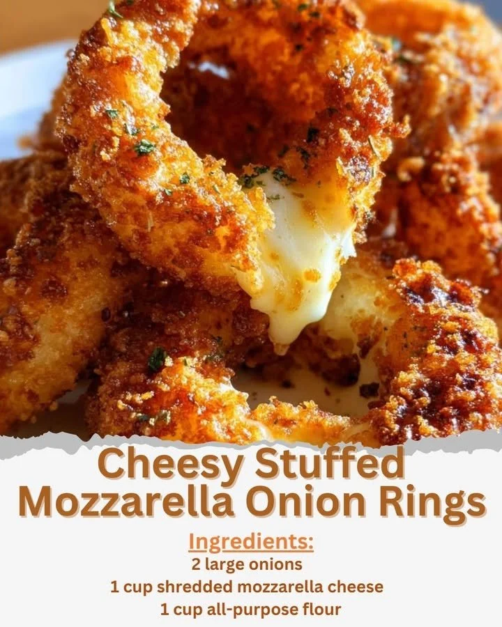 Cheesy stuffed mozzarella onion rings served on a platter