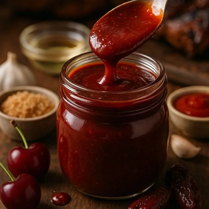 Delicious homemade Cherry-Chipotle BBQ Sauce in a jar with fresh ingredients.