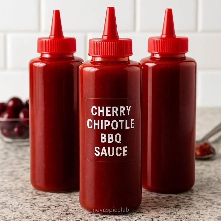 Jar of homemade Cherry Chipotle BBQ Sauce with fresh cherries and chipotle peppers