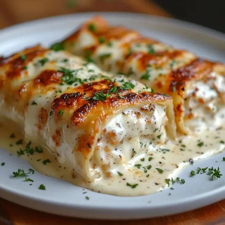 Chicken Alfredo lasagna rolls topped with creamy sauce and melted cheese