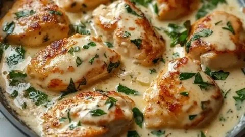 Delicious Chicken Florentine dish with creamy spinach sauce and grilled chicken.