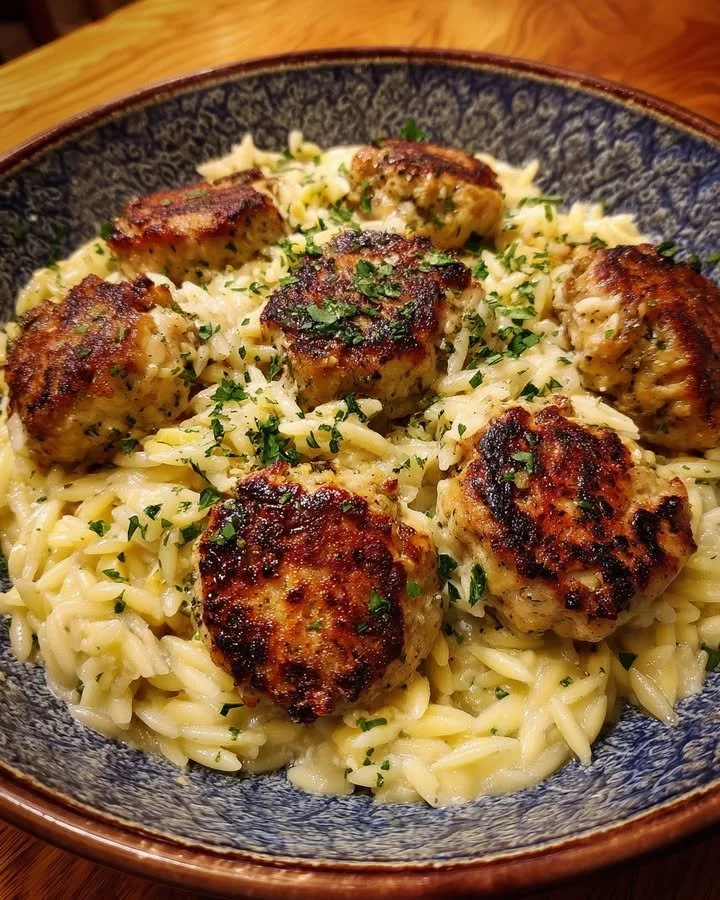 Plate of Chicken Meatballs with Lemon Ricotta Orzo garnished with herbs