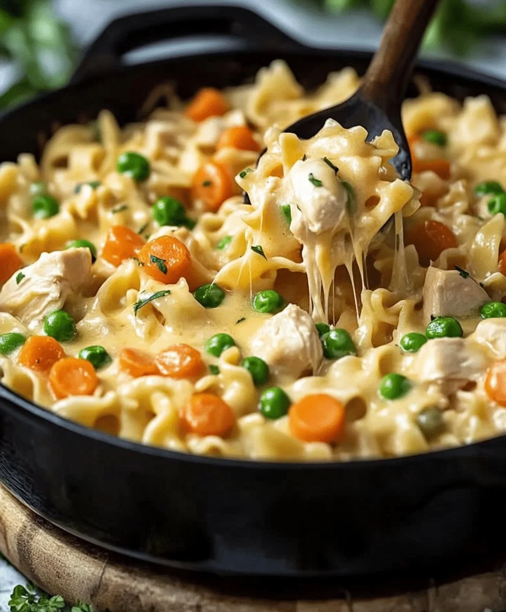 Chicken Pot Pie Noodle Skillet with creamy chicken and vegetables