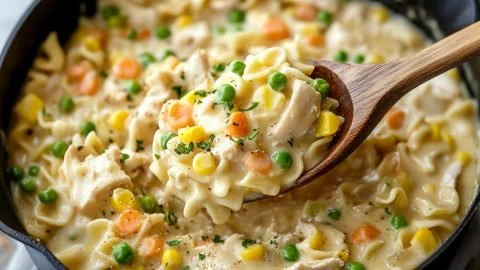 Creamy Chicken Pot Pie Pasta with vegetables and flaky crust topping