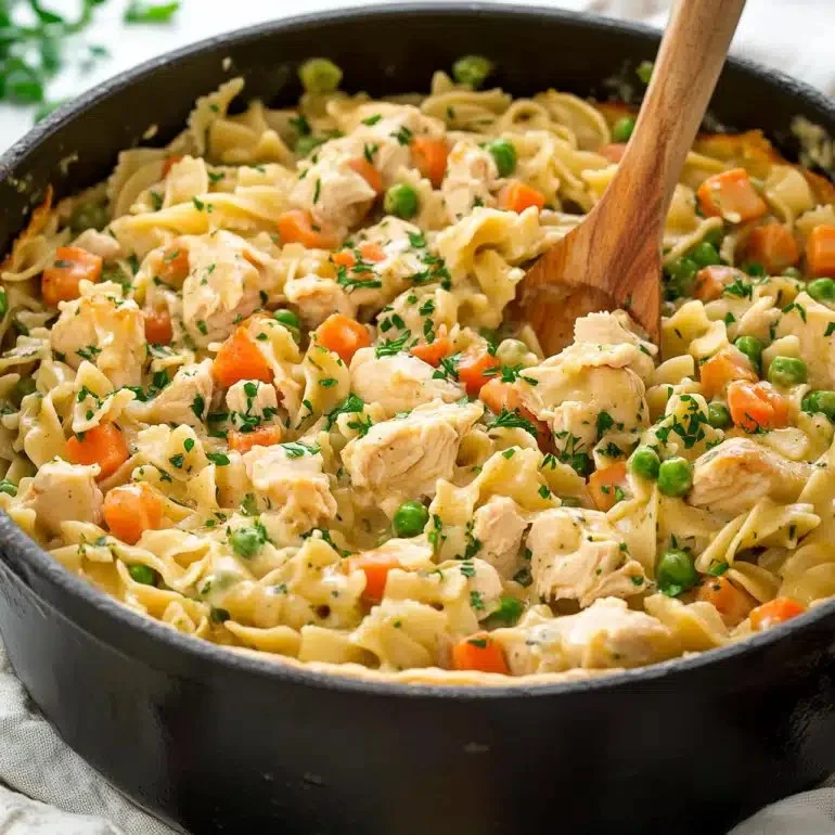 Delicious chicken pot pie pasta served in a creamy sauce with vegetables and herbs.