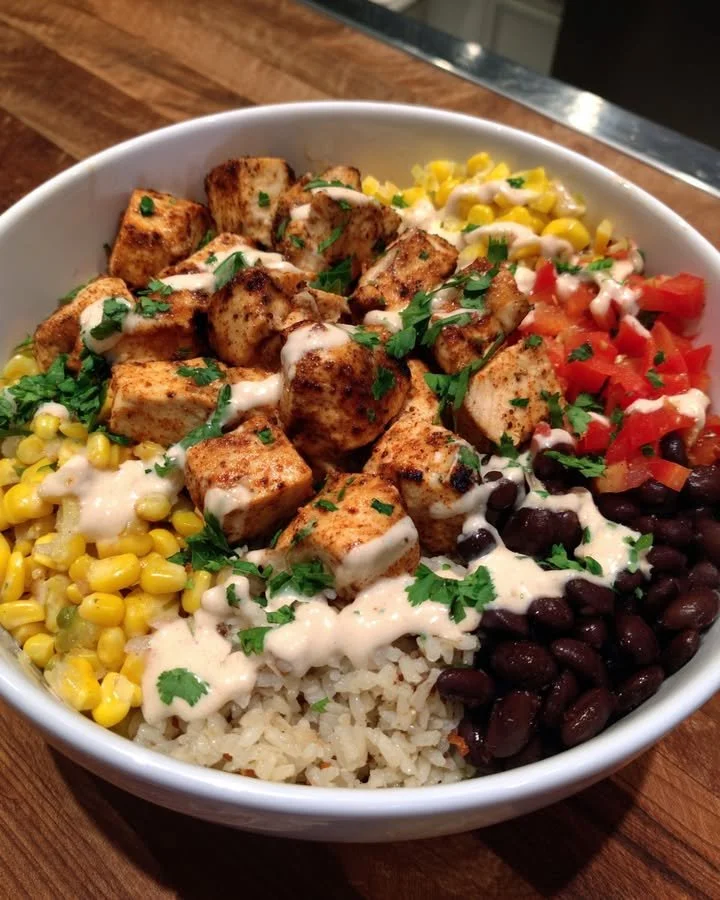 Delicious Chipotle Chicken Bowl with black beans, corn, and creamy sauce