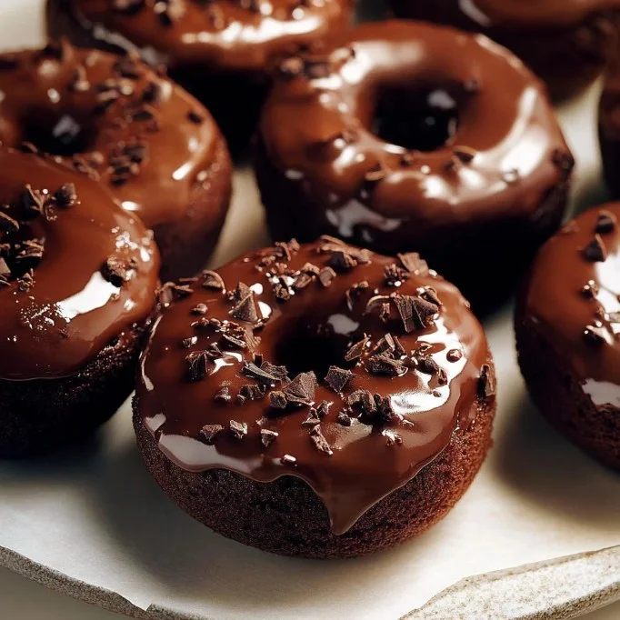 Delicious chocolate cake donuts topped with chocolate glaze and sprinkles