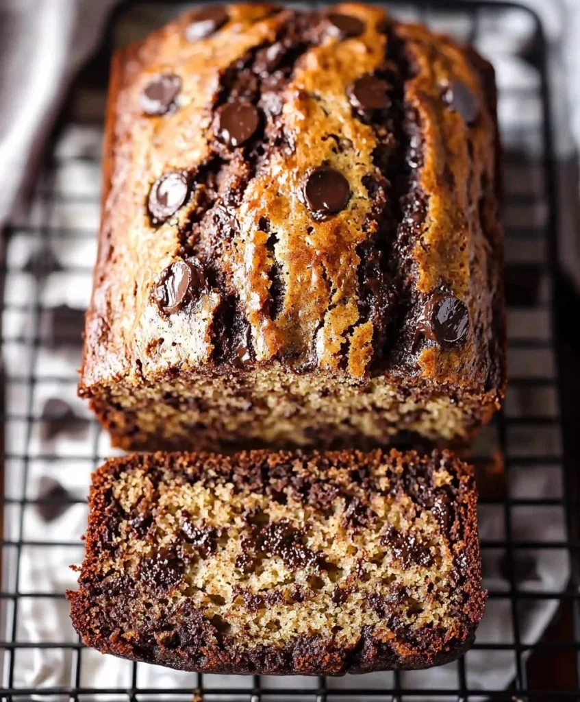 Slice of homemade chocolate chip banana bread on a plate