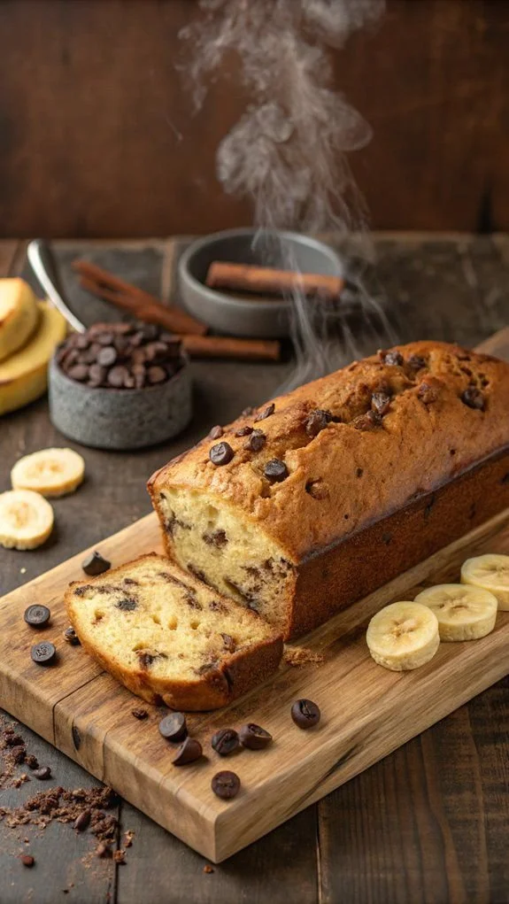 Deliciously moist chocolate chip banana bread loaf with chocolate chunks